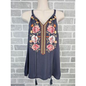 Andree by Unit Navy Floral Embroidered Boho Tank‎ Top Women's S Tassels Festival
